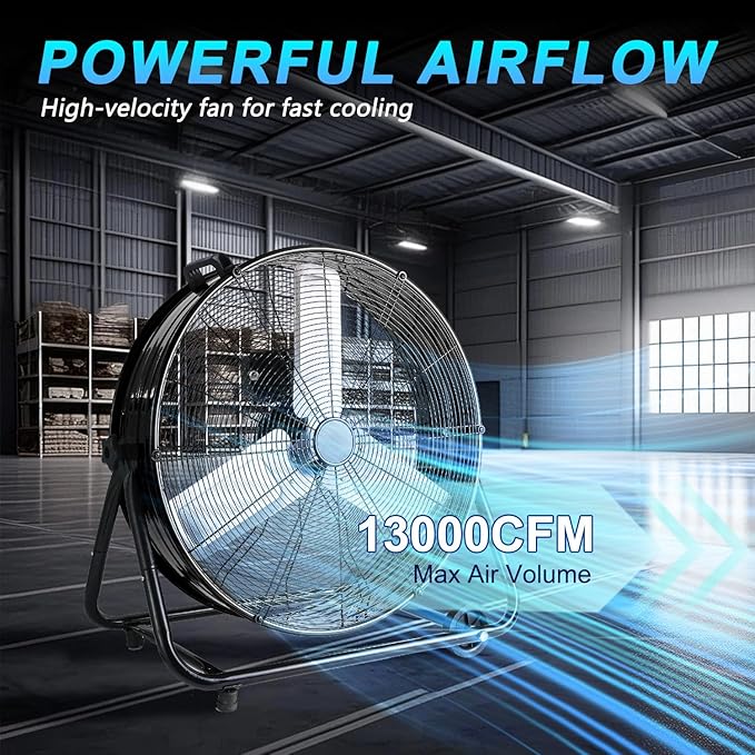 WARMLREC Industrial Fan 30 Inch Heavy Duty Drum 3 Speed 13000CFM Air Circulation High Velocity Fan For Warehouse, Workshop, Factory, Commercial, Residential and Greenhouse Black
