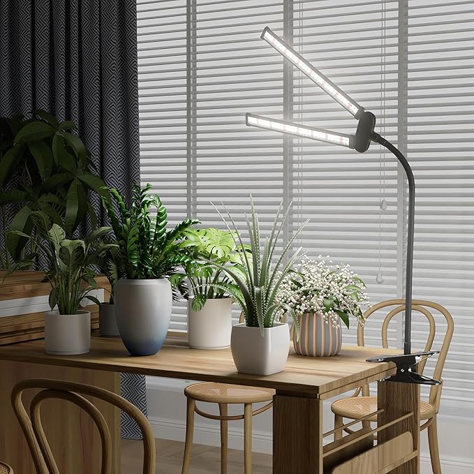 LED Grow Light,Super Bright 6000K White Full Spectrum Clip Plant Growing Lamp with Rotatable Dual Head for Indoor Desk Plants,Dimmable & Timer 4/8/12H,High Power Output for Faster Growth,1-Head