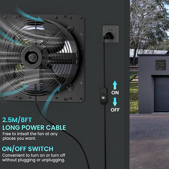 HG Power 12 Inch Shutter Exhaust Fan, 764CFM High-Speed, 1400RPM Wall-Mounted Ventilation Fan for Shed, Garage, Greenhouse - with, ON/OFF Switch & 8FT Power Cord, Black