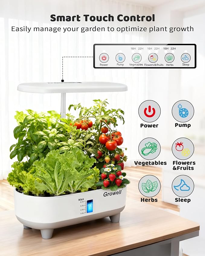 Growell Hydroponics Growing System Kit, 16 Pods, Vertical 8L Indoor Gardening System for Herb Vegetable Fruit, Hydro Garden with LED Grow Light, Smart Water Circulation, 3 Light Modes & 2 Timer, White