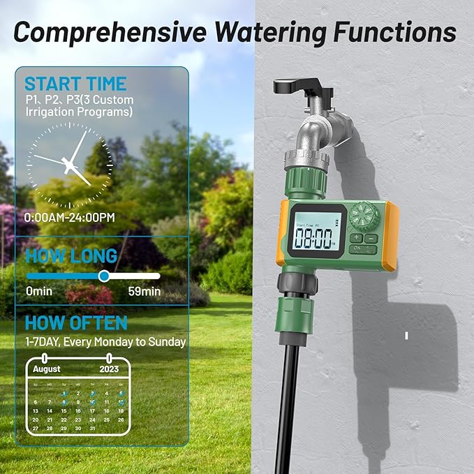 Sprinkler Timer, Hoses Timer for Watering, Water Scheduling Device for Tube Programmable with Auto/Manual/Rain-Delay Watering System, Water Hoses Timers for Yard, Lawn, Pool (Green)