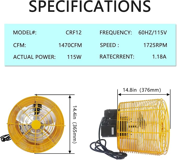 Greenhouse Circulation Fan Air Circulation Fan 1/10 HP 115V Ceiling Wall Mount Fan High Speed Circulation Fan for Greenhouse, Warehouse, Patio, Garage 1470CFM, ETL Listed