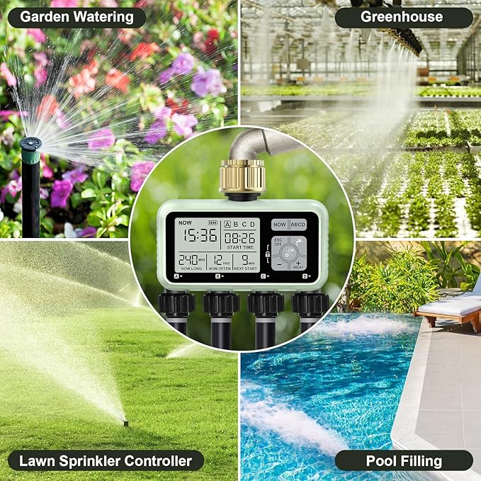 Watering Timer 4 Zone with with Brass Inlet, Sprinkler Timer, Programmable Garden Outdoor Hose Faucet Timers with Rain Delay/Manual/Automatic Watering System,Water Hose Irrigation Timers 4 Outlet