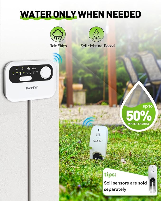 RAINPOINT Sprinkler Controller 8 Zone, Local Weather-Based Smart Irrigation Controller, WiFi Sprinkler Timer for Sprinkler System,Yard,Lawn