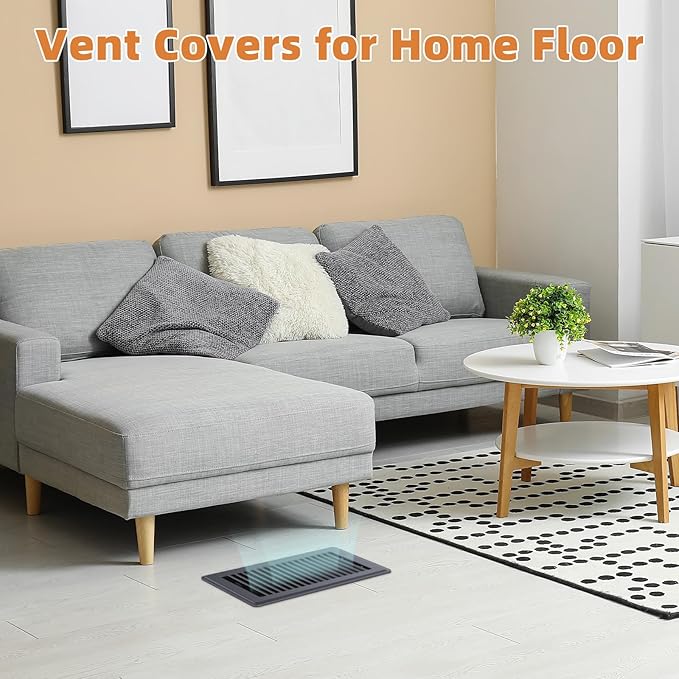6 x 10 Floor Register, Gray Heavy-Duty Steel Vent Covers for Home Floor with Adjustable Airflow Control Lever, Easy Installation and Quiet Operation for HVAC Systems - 4 Pack