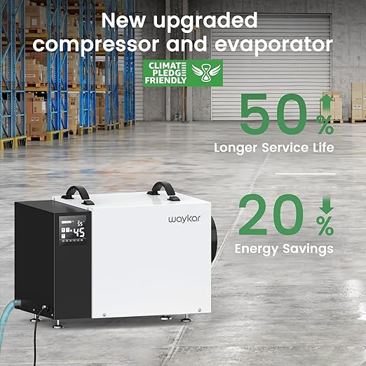 Waykar 125 Pint Crawl Space Dehumidifier with Pump and Drain Hose for commercial, Basements, and Water Damage Unit for Spaces up to 6500 Square Feet, Smart Humidity Control - 5-Year Quality Coverage