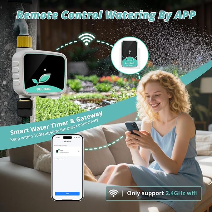 QUOBAS Smart WiFi Water Timer for Garden Hose, 1 Zone Brass Sprinkler Timer with App Control & Rain Delay/Auto/Manual 3 Modes for Drip Irrigation, Pool & Lawn, Battery Powered, 2.4GHz WiFi Only
