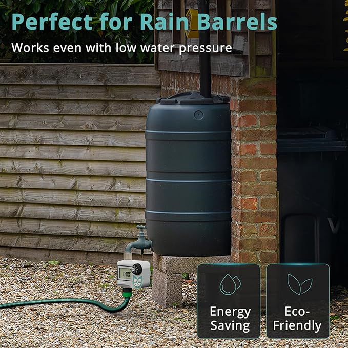 QUOBAS Low Pressure Water Timer, Weekly Programmable Sprinkler Timer with Brass Inlet & Outlet for Rain Barrel, Garden Hose, with Ball Valve & Waterproof Screen, Rain Delay/Manual/Auto Modes