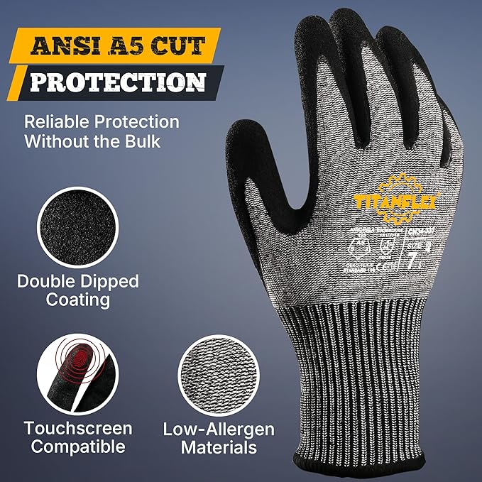 TitanFlex Cut Resistant Gloves ANSI A5, Work Gloves with Sandy Nitrile Grip,Black
