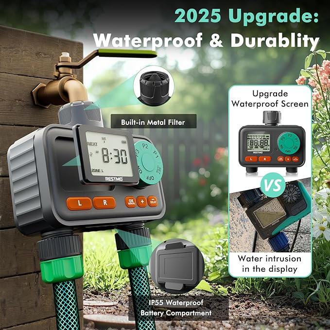 RESTMO 2-Zone Sprinkler Timer with 3 Separate Programs, 7-Day Programmable Water Timer for Garden Hose, Automatic Control/Manual/Rain Delay, Ideal for Drip Irrigation and Lawn Watering System