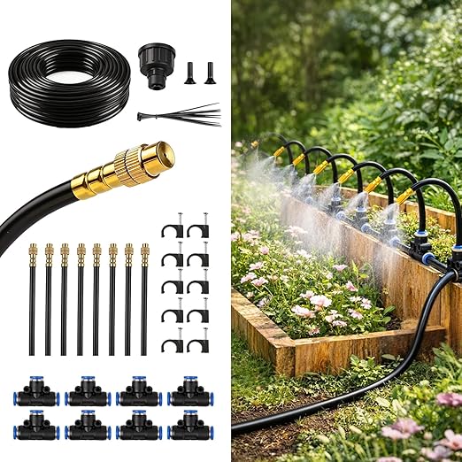 Drip Irrigation Kit for Garden 30FT, 360° Adjustable Watering System with 1/4" Tubing, Brass Misting Nozzles, DIY Micro Irrigation System for Potted Plants, Patio, Greenhouse