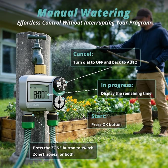 QUOBAS Brass Sprinkler Timer 2 Pack, Programmable Water Hose Timer for Garden Hose Faucet with Waterproof LCD Screen, Rain Delay/Manual/Automatic Irrigation Watering System for Garden, Lawn, Yard