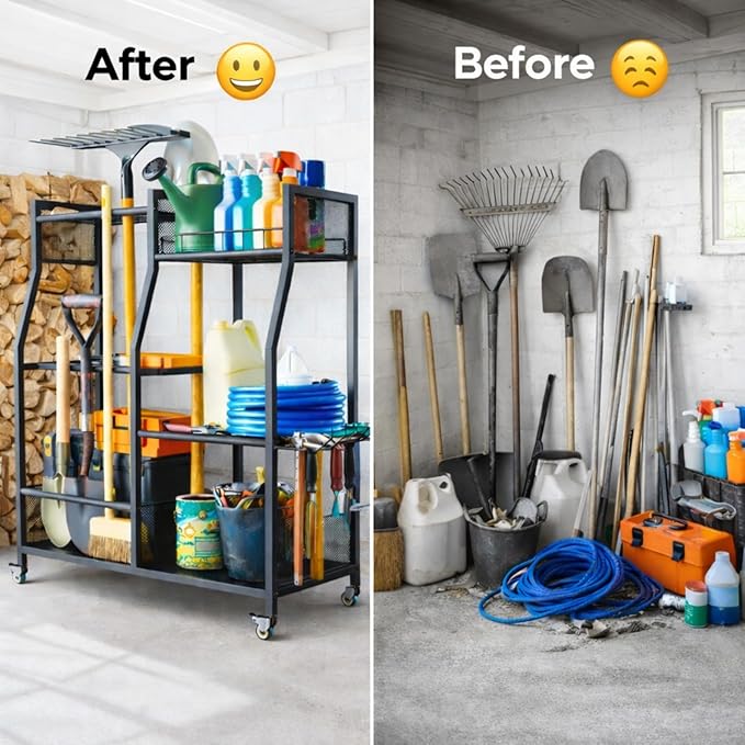 HOTEAGLE Garden Tool Organizer for Garage with 35.4” Width(High Stability), Outdoor Metal Utility Rolling Carts with Mute Wheels & 18.5mm Thick Rods, Easy to Clean, Black