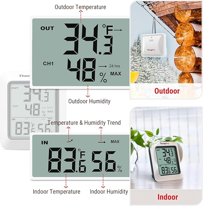 TempPro TP60-3 Digital Hygrometer Indoor Outdoor Thermometer Wireless Temperature and Humidity Gauge Monitor Room Thermometer with 500ft/150m Range Humidity Meter (Previously ThermoPro)