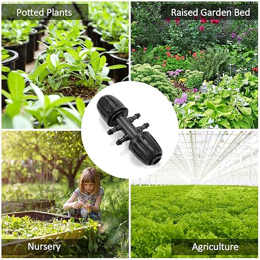 12 Pcs 1/2 inch to 1/4 inch Drip Irrigation Tubing Fittings, 1/2" Drip Tubing (1/2" ID x 0.65" OD) to 4 Way 1/4" Irrigation Tubing Locked Barbed Reducing Tee Connectors for Garden Systems