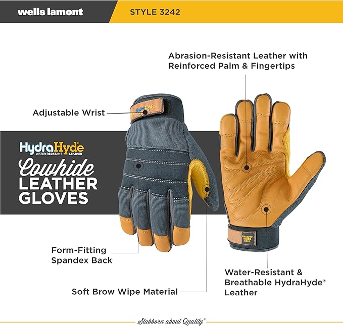 Wells Lamont Men's HydraHyde Work Gloves – Cowhide Leather, Reinforced Fingertips for Durability – Adjustable Velcro Wrist – Ideal for Gardening, Landscaping, Lawn Care – Navy - XL