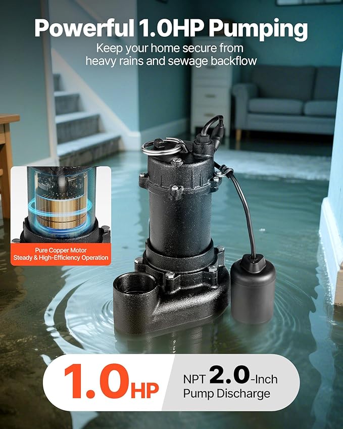 VEVOR Submersible Sewage Pump, 1 HP, 5200 GPH Cast Iron Sewage/Effluent Pump with Automatic Tethered Float Switch, 2-Inch NPT Discharge, 120V, 25 ft Max Lift, for Basement, Septic Tank, Residential