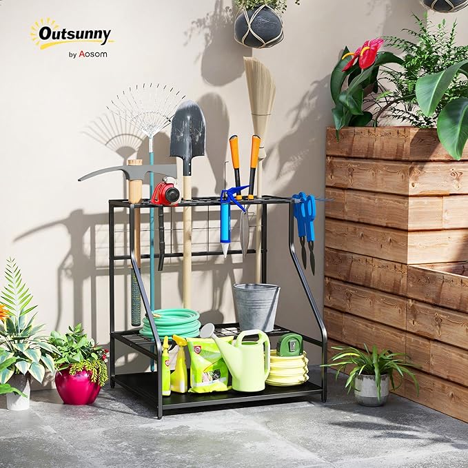 Outsunny Garden Tool Organizer for Garage, 3-Tier Yard Tool Storage Rack with Hooks for Long-Handled, Broom, Shovel, Rake, Metal Garden Tool Storage for Shed, Yard, Garage, Blue
