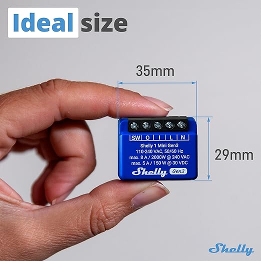 Shelly 1 Mini Gen3, WiFi & Matter Smart Relay Switch with Dry Contacts, 1-Channel 8A, Compatible with Alexa, Home Assistant, SmartThings & Google Home, DYI, Garage Door Opener, No Hub Required