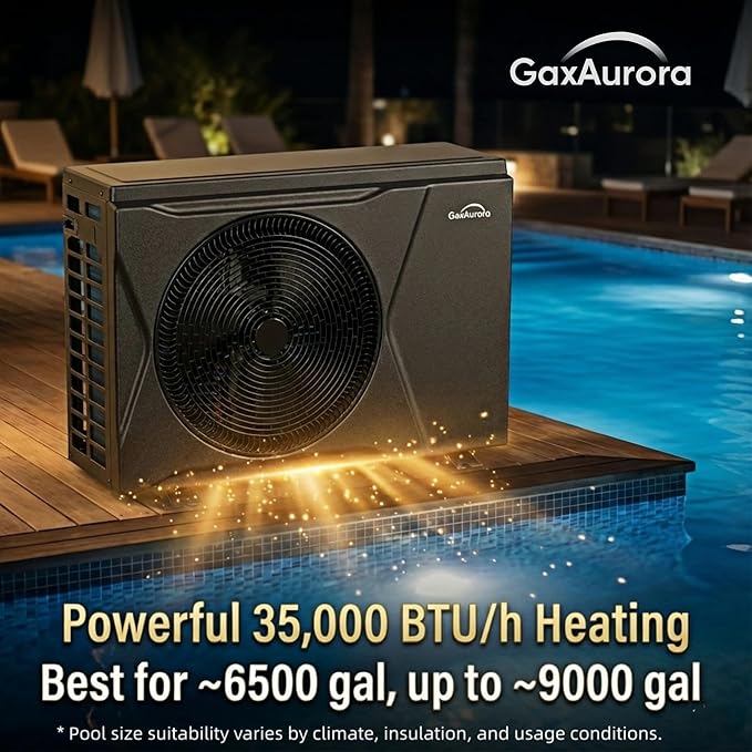 35,000 BTU/h Pool Heat Pump Heater with Wi-Fi App Control, 115V Plug & Play, Titanium Heat Exchanger, Quiet High-Efficiency Heating for Above-Ground/Small Inground Pools up to 9,000 Gallons