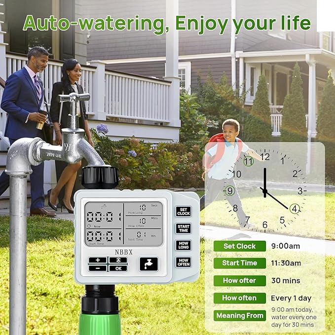 NBBX Sprinkler Timer for Garden Hose - Smart Water System with Rain Delay, Manual & Automatic Modes, IP54 Waterproof, Easy-Install Outdoor Faucet Timer for Lawn & Garden Care