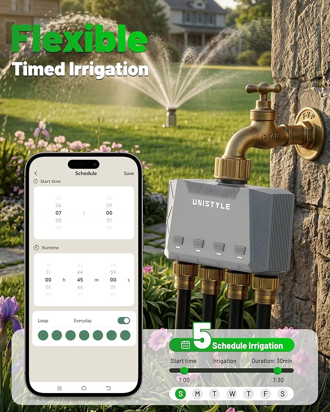 [All-New 2027] 1700FT WiFi 4 Zone Water Timer for Garden Hose with Brass Inlet, Unistyle Smart Sprinkler Controller Compatible Alexa & Google Voice, WiFi Hose Timer, Auto Manual Modes for Garden Lawn