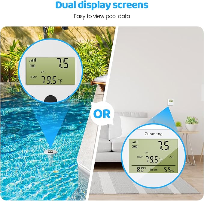 Wireless Pool Monitor, Solar Pool Water Tester with Dual Displays & High-Precision Electrode for Real-Time Detection of Water Temp pH EC TDS for All Swimming Pools, Spas, and Hot Tubs