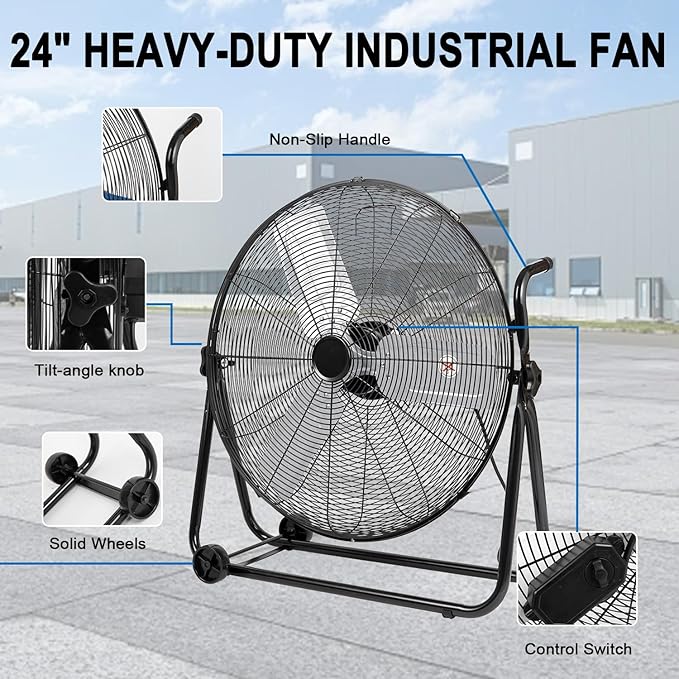 24 Inch High Velocity Industrial Fan 8500 CFM Heavy Duty Outdoor Fan 3-Speed 360 Degree Adjustable Tilt, Metal Floor Fans with Aluminum Blades for Workshop Patio Commercial Factory Garage, Black