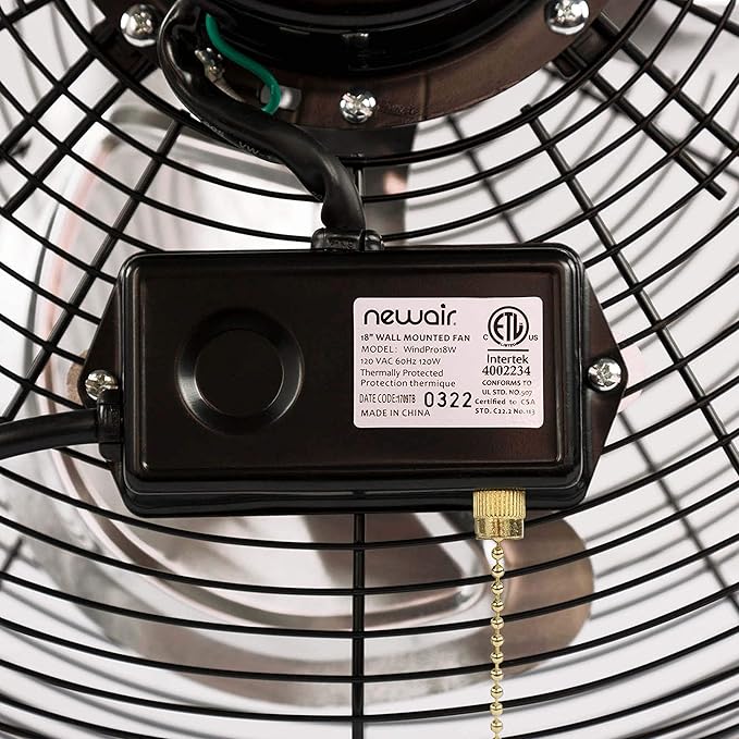 NewAir WindPro18W Wall Mount Fan | High-Velocity Industrial, Shop or Garage Fan | 3 Speed Settings | 3000 CFM | Black