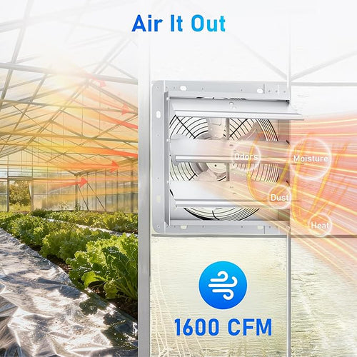12 Inch Shutter Exhaust Fan, High-Speed 1600CFM Low Noise Attic Fan, Automatic Shutter, Ventilation and Cooling Vent Fan for Greenhouses, Garages, Shop, Chicken Coops, Gable, Shed