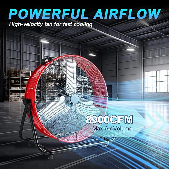 WARMLREC 24" Industrial Floor Fan, 8900 CFM High Velocity Drum Fan with 3 Speeds, Portable Heavy Duty Industrial Fan for Warehouse, Workshop, Factory, Commercial, Residential and Greenhouse Red
