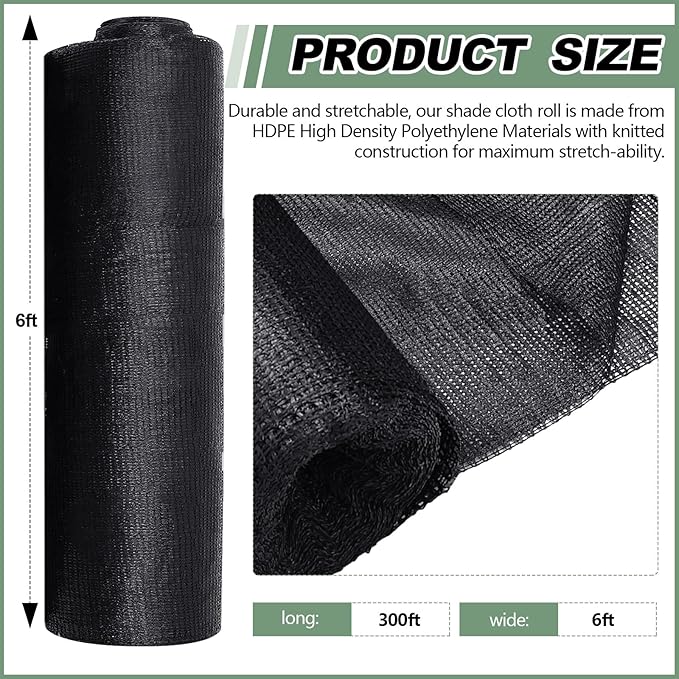 2 Pcs 6 x 300 ft Shade Cloth Roll for Covering Garden 70% Mesh UV Resistant Net with Ties for Patio Outdoor Greenhouse Fence Flower Plant Cover Canopy(Black)