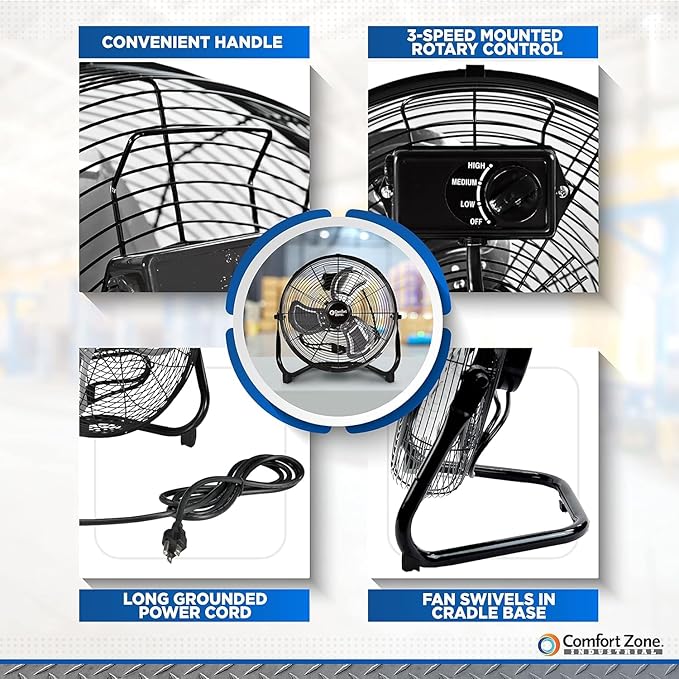 Comfort Zone Cradle Floor Fan, Electric, High-Velocity,180 Degree Adjustable Tilt, 14 inch, 3 Speed, Carry Handle, Rubber Feet, Metal, Airflow 21 ft/sec, Ideal for Garage or Workshop, CZHV14B