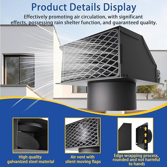 4 Inch Dryer Vent Cover Outside with Removable Mesh, Exterior Vent Cover External Cap with Rubber Cushioned Non-Return Flap, High Quality Metal Outdoor Dryer Wall Vent Cover for House/Range Hood/AC