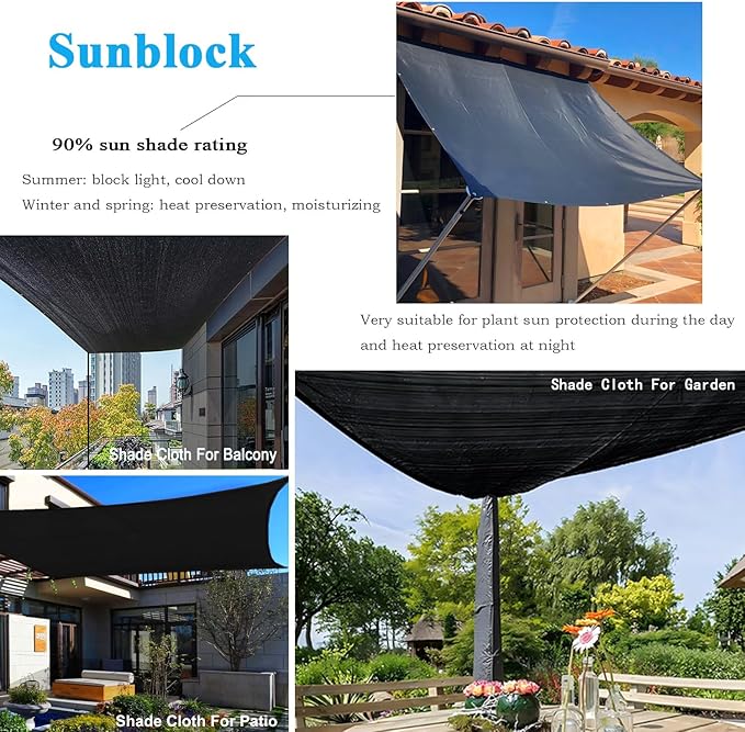 90% Black Shade Cloth, 6.5X10Ft Garden Sun Shade for Plant Cover, Outdoor Shade Netting with Grommets, Sunblock Mesh Tarp for Patio, Greenhouse, Pergola, Potted Plant, Chicken Coop
