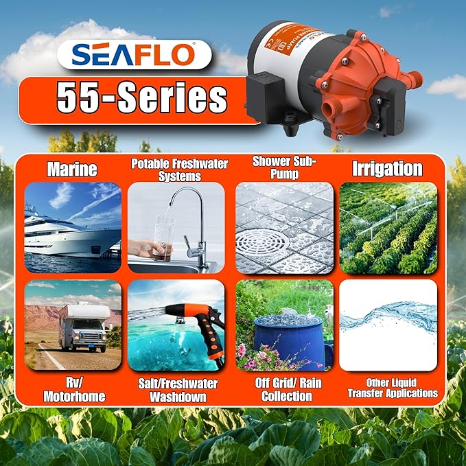 SEAFLO 53-Series DC Diaphragm Water Pump – 7.0 GPM, 60 PSI, 12V | Heavy-Duty, Self-Priming, Bypass with Pressure Switch, Continuous Duty, 4-Year Warranty