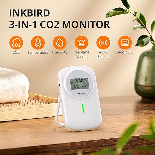 INKBIRD Air Quality Monitor Indoor Ndir 3 in 1 Meter | Detect Carbon Dioxide & Temperature & Humidity with Battery Powered | Sound System | for Home, Office, RV, Grow Tent (IAM-O2)