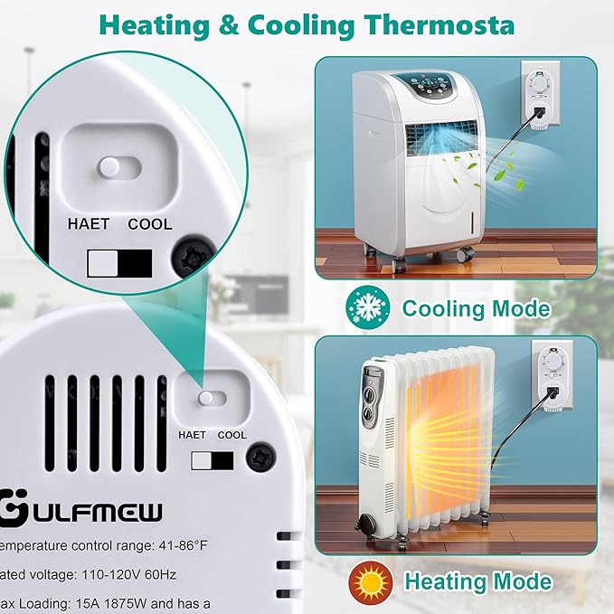 Adjustable Thermostat, Plug in Heating and Cooling Thermostat Controlled Outlet, Compatible with Portable AC, Fans and Space Heaters(1 Pack,White)