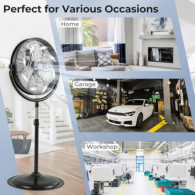 ARLIME 20" High Velocity Pedestal Fan, Industrial Oscillating Standing Fan w/3 Speeds, 360° Tilt & Adjustable Height, Heavy Duty Metal Floor Fan for Commercial, Garage, Workshop, Warehouse (20 Inch)