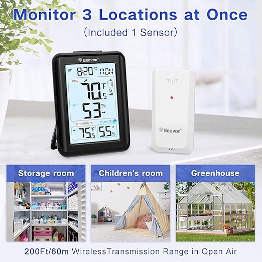 Geevon Indoor Outdoor Thermometer for Seniors – Digital Temperature & Humidity Monitor with Alarm Clock, 3.8" Large Display, Backlight, 3 Channels, Battery Operated for Home, Bedroom, Greenhouse