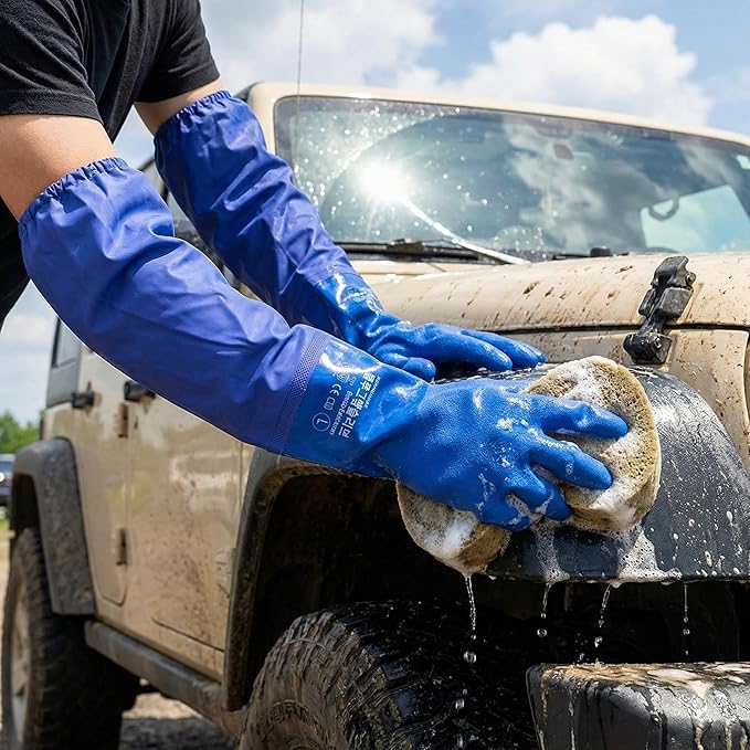 Youneedthat Chemical Resistant Gloves, Seamless Cotton Lined, Heavy Duty Waterproof Gloves, Long Rubber PVC, 24" L,XL,XXL