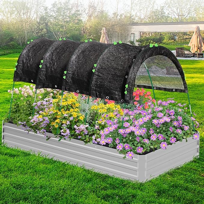6.5 X 5FT 75% Garden Shade Cloth with Hoops, Plant Shade Cloth Garden Greenhouse Grow Tunnel for Heat Protection, Raised Bed Row Cover Black Netting Tarp for Outdoor Outside Patio Chicken Coops