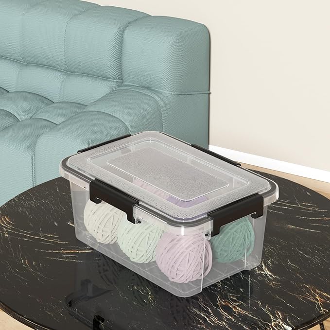 6-Pack 12 Qt Plastic Storage Box with Gasket Seal Lid, Durable Moving Containers with Tight Latch, Weather Proof Tote Bin, Clear/Black