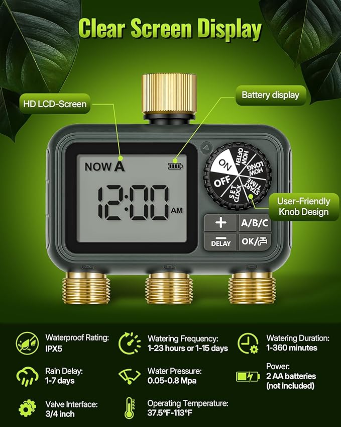 Brass Sprinkler Timer with Swivel, Programmable Water Timer for Garden Hose with Auto/Manual/Rain Delay Watering, Digital Irrigation System Kit,for Garden, Yard, Lawn 3 Outlet F13WT06