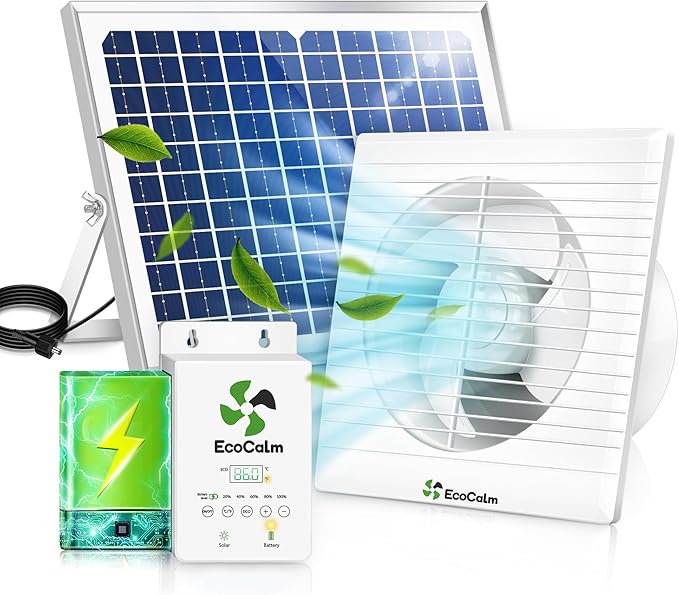 Solar Fan with Battery and Adjustable Thermostat, 8" Solar Powered Fans for Shed with 25W Bifacial Solar Panel & Exhaust Fan for Greenhouse/Outside with Anti-backflow Valve