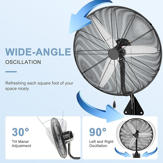 MEPTY 30" Wall Mount Fan, Heavy Duty Industrial Wall Fan, High Velocity Oscillating Fans with 3 Speeds for Patio, Shop, Greenhouse, Garage, Commercial, Household use