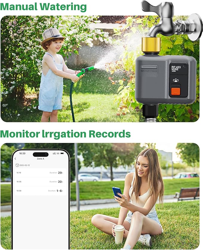 WiFi Sprinkler Timer 1 Zone with 984 Feet RF Gateway, 2 Pack Dark Gray-Brass Inlet Smart Water Timer for Garden Hose with Rain Delay/Manual/Automatic,WiFi Water Timers for Garden