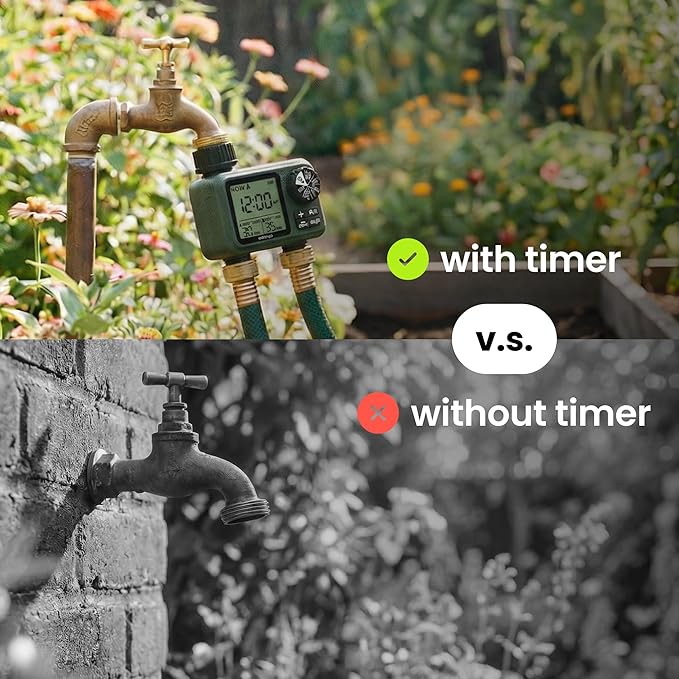 Sprinkler Timer for Garden Hose, Programmable 1 or 2 Outlet Controller with Self-Cleaning Valve, 15-Day Frequency, Large Dial, Rain Delay & Auto-Off, IPX5