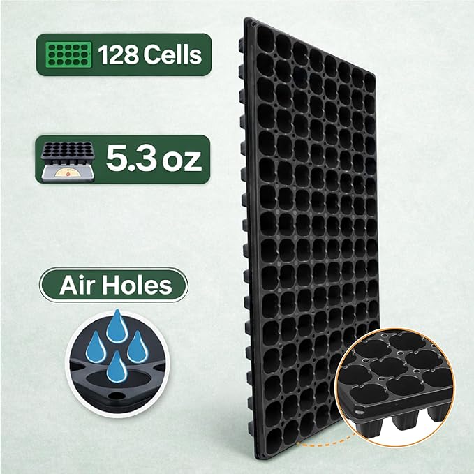 Gardzen 10 Pack 128 Cell Seed Starter Trays, 1.5" Deep Plug Tray for Seedlings, Durable Seedling Trays with Drainage Holes, Fit Standard 1020 Drip Tray