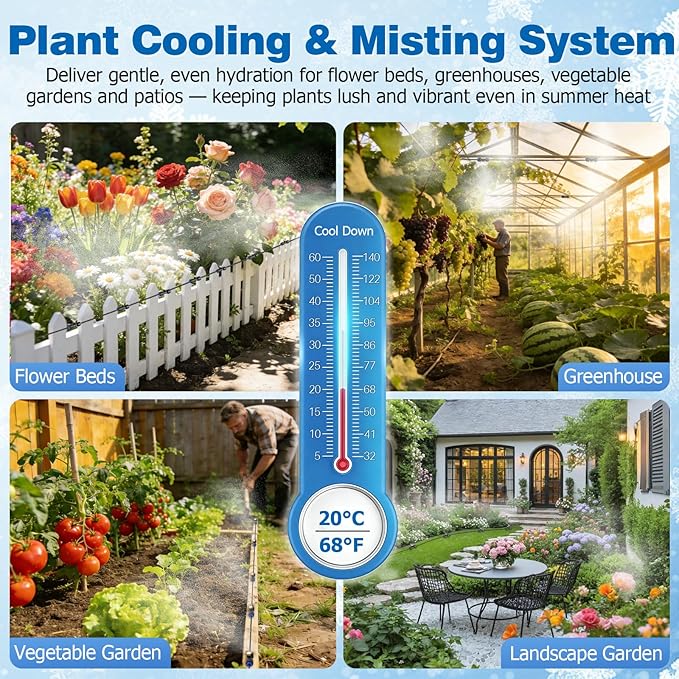 Mellbree Misters for Outside Patio 45FT/14M, Pre-Assembled Misting Cooling System with 12 Brass Nozzles & 3/4" Adapter, Outdoor Mister for Patio, Garden, Greenhouse, Pavilion, Dog House, Chicken Coop
